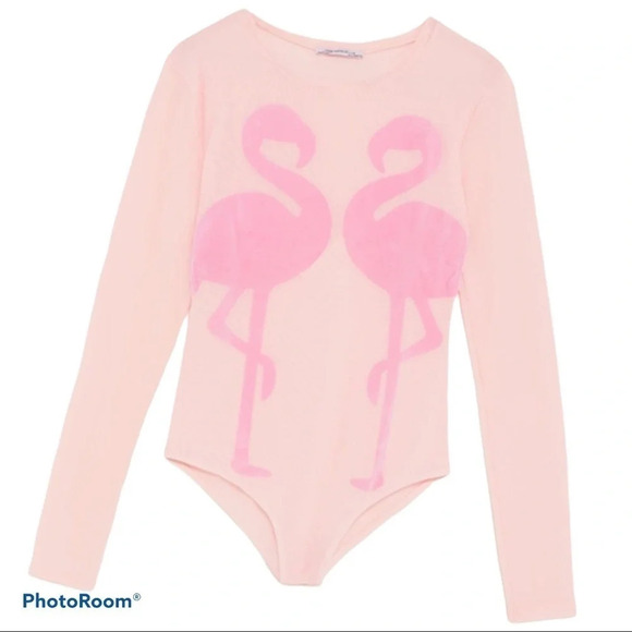 Zara Tops - Zara Nude pink mesh flamingo detail bodysuit New Sz S